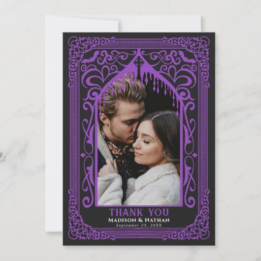 Purple Gothic Vampire Cathedral Photo Wedding Bedankkaart (Voorkant)
