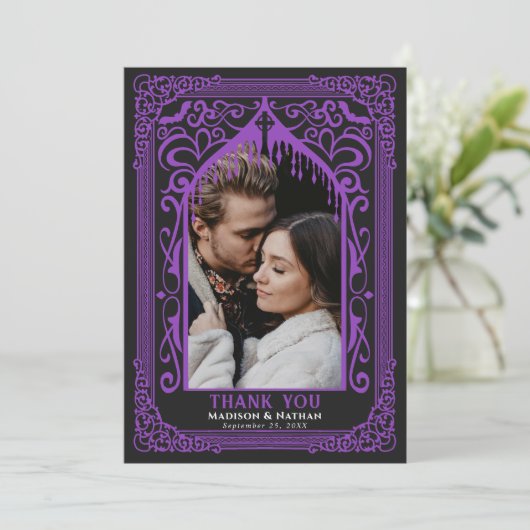 Purple Gothic Vampire Cathedral Photo Wedding Bedankkaart (Staand voorkant)