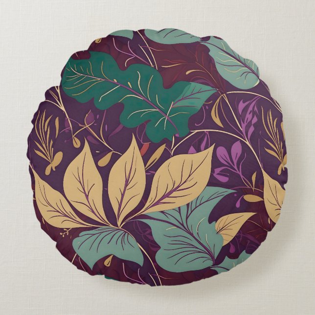 Purple Graceful Modern Leaf Print Rond Kussen (Voorkant)
