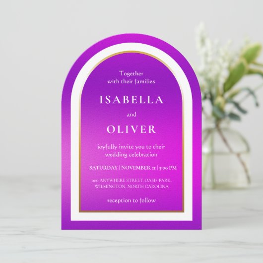 Purple gradient white text wedding kaart (Staand voorkant)
