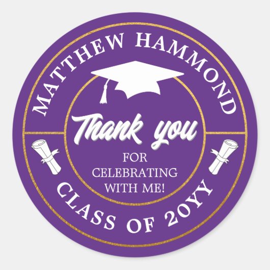 Purple Graduating Class Thank You Grad Cap Ronde Sticker (Voorkant)