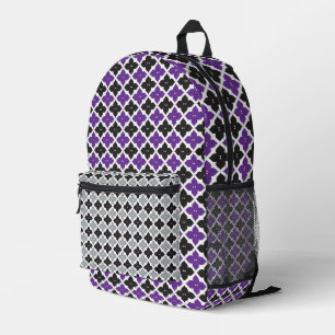 PURPLE GRAY BLACK WHITE DIAMOND FLORAL PATTERNS BEDRUKTE RUGZAK