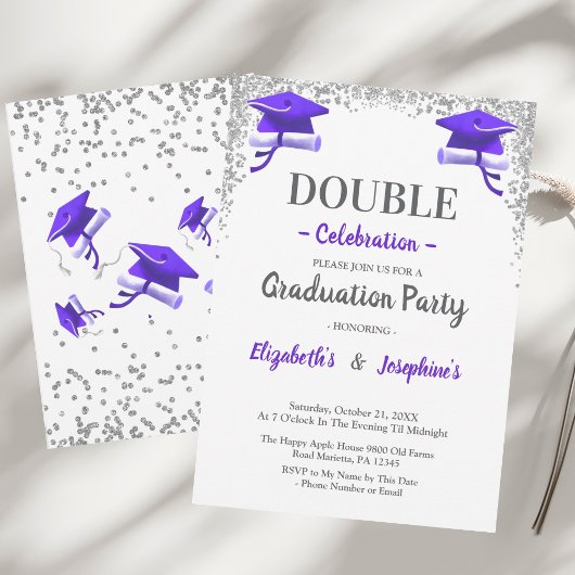 Purple Gray double Celebration Graduation Party Kaart