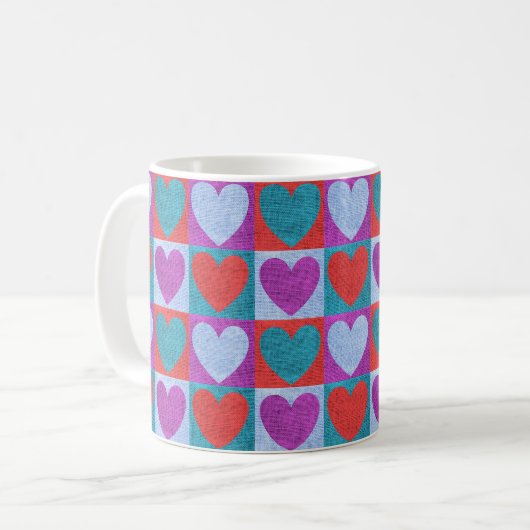 Purple Green and Red Checked Heart Pattern Koffiemok (Voorkant links)
