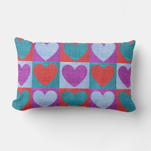 Purple Green and Red Checked Heart Pattern Kussen (Voorkant)