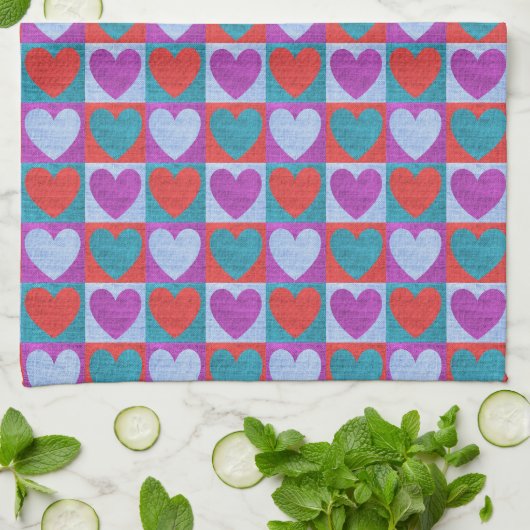 Purple Green and Red Checked Heart Pattern Theedoek (Gevouwen)