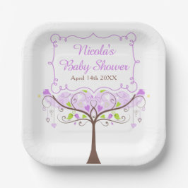 Purple & Green Floral Bird Baby Shower Papieren Bordje