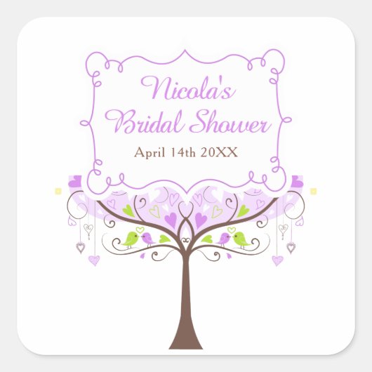 Purple & Green Floral Bird Bridal Shower  Vierkante Sticker (Voorkant)