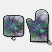 Purple Green Flower Modern Abstract Art Fractal Ovenwant & Pannenlap Set (Voorkant)