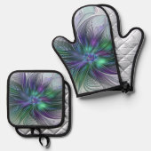 Purple Green Flower Modern Abstract Art Fractal Ovenwant & Pannenlap Set (Voorkant / Achterkant)