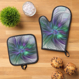 Purple Green Flower Modern Abstract Art Fractal Ovenwant & Pannenlap Set