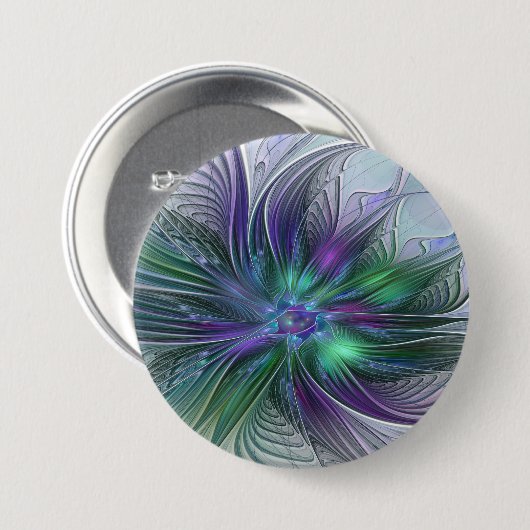 Purple Green Flower Modern Abstract Art Fractal Ronde Button 7,6 Cm (Voorkant /achterkant)
