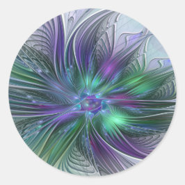 Purple Green Flower Modern Abstract Art Fractal Ronde Sticker