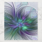 Purple Green Flower Modern Abstract Art Fractal Wijn Etiket (Enkel label)