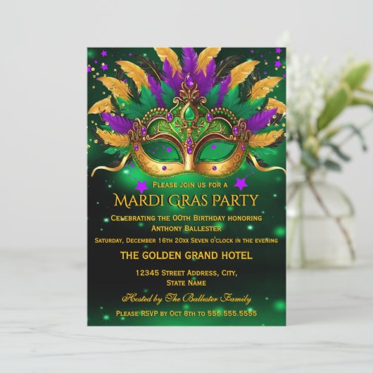 Purple Green Gold Masks Mardi Gras Birthday Party Kaart (Staand voorkant)