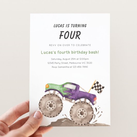 Purple & Green Monster Truck Birthday Any Age Kaart