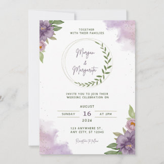 Purple & Green Watercolor Wedding Invitation Kaart