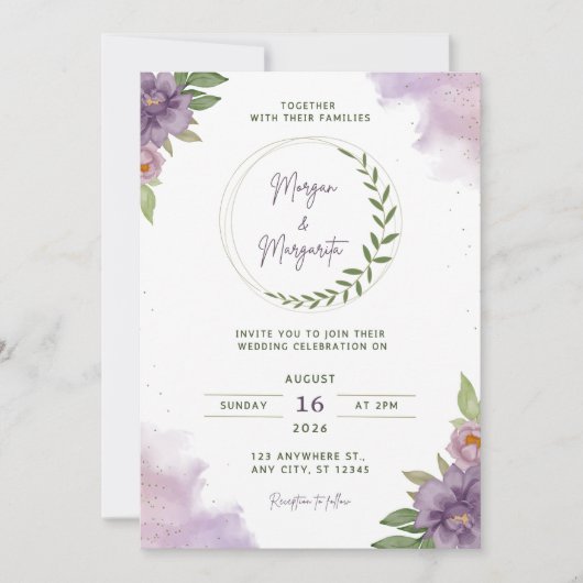 Purple & Green Watercolor Wedding Invitation Kaart (Voorkant)
