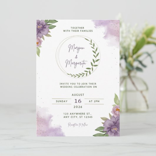 Purple & Green Watercolor Wedding Invitation Kaart (Staand voorkant)