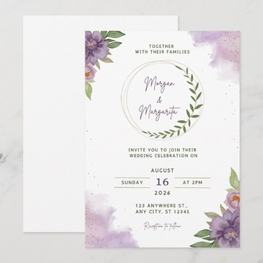 Purple & Green Watercolor Wedding Invitation Kaart (Voorkant / Achterkant)