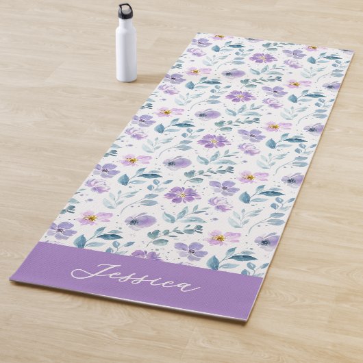 Purple Green Watercolor Wildflower Custom Name Yogamat (In situ)