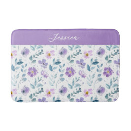 Purple Green Watercolor Wildflower Monogram Name Badmat