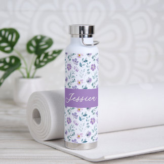 Purple Green Watercolor Wildflower Monogram Name Waterfles