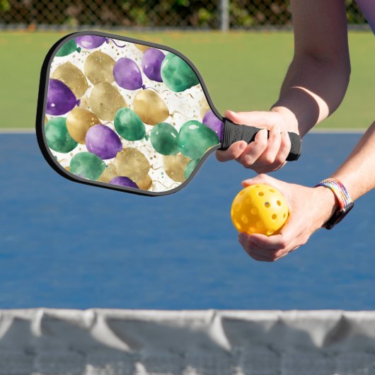 PURPLE GREEN YELLOW MARDI GRAS BALLOONS PICKLEBALL PADDLE (Insitu)