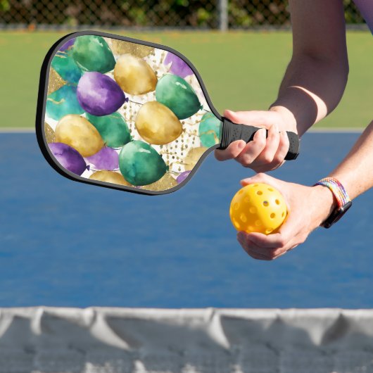 PURPLE GREEN YELLOW MARDI GRAS BALLOONS PICKLEBALL PADDLE (Insitu)