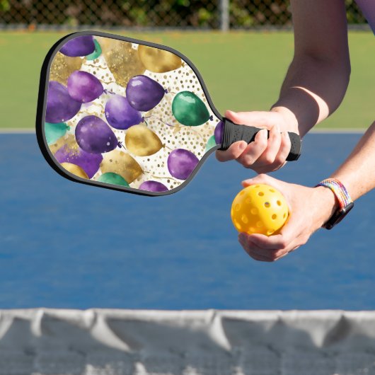 PURPLE GREEN YELLOW MARDI GRAS BALLOONS PICKLEBALL PADDLE (Insitu)