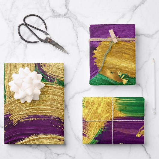 PURPLE GREEN YELLOW MARDI GRAS BRUSH STROKES INPAKPAPIER VEL (Voorkant)