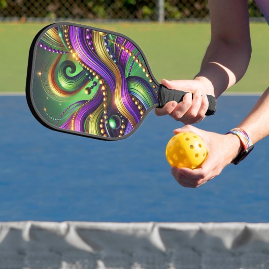 PURPLE GREEN YELLOW MARDI GRAS WAVES & BEADS PICKLEBALL PADDLE (Insitu)