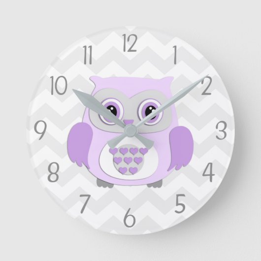 Purple Grey Owl Nursery Wall Clock Ronde Klok (Voorkant)