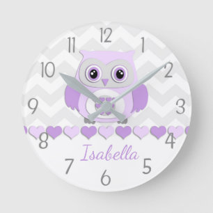 Purple Grey Owl Nursery Wall Clock Ronde Klok