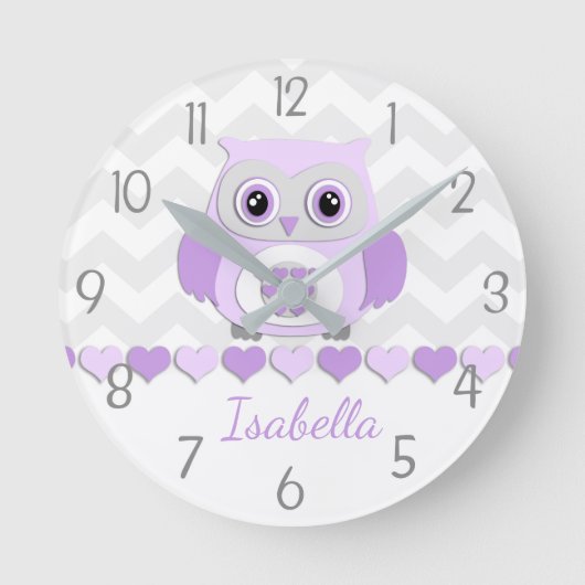 Purple Grey Owl Nursery Wall Clock Ronde Klok (Voorkant)
