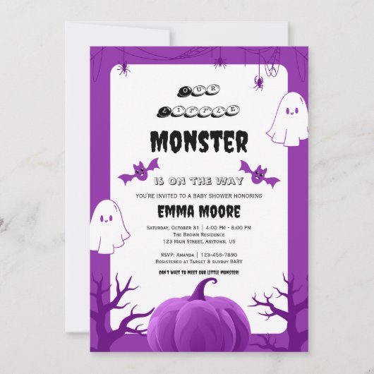 Purple Halloween Monster Baby Shower Design Kaart (Voorkant)