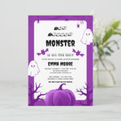 Purple Halloween Monster Baby Shower Design Kaart (Staand voorkant)
