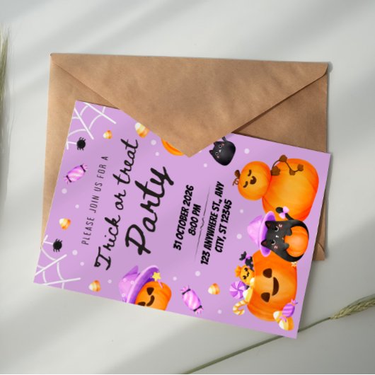Purple Halloween Trick or Treat Party Invitation Kaart