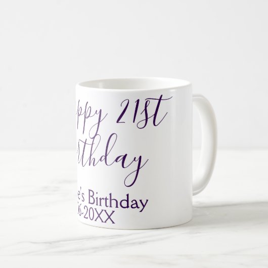 Purple happy 21st birthday name date Keychain Koffiemok (Voorkant rechts)