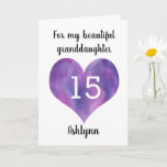 Purple Heart 15th Birthday for Granddaughter Kaart<br><div class="desc">A heart granddaughter 15th birthday card that features a watercolor heart on the front. You can personalize the heart with the age you need and add her name underneath the heart. The inside card message reads a heartfelt birthday message, which also be easily personalized if wanted. The back reads happy...</div>