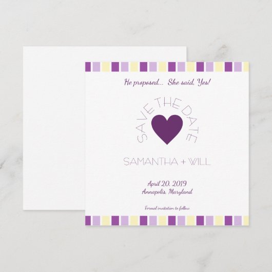 Purple Heart Modern and Minimalist Striped Design Save The Date (Voorkant / Achterkant)