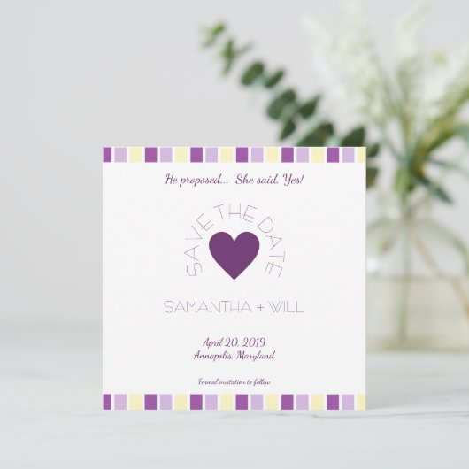 Purple Heart Modern and Minimalist Striped Design Save The Date (Staand voorkant)