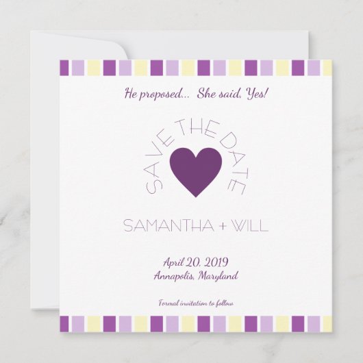 Purple Heart Modern and Minimalist Striped Design Save The Date (Voorkant)