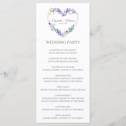Purple Heart on Wildflowers for Wedding Programmakaart (Achterkant)