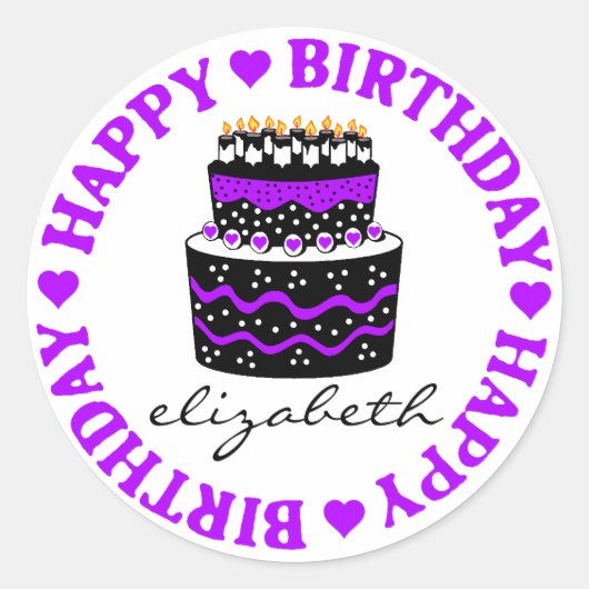 Purple Hearts Birthday Cake Ronde Sticker (Voorkant)