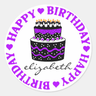 Purple Hearts Birthday Cake Ronde Sticker