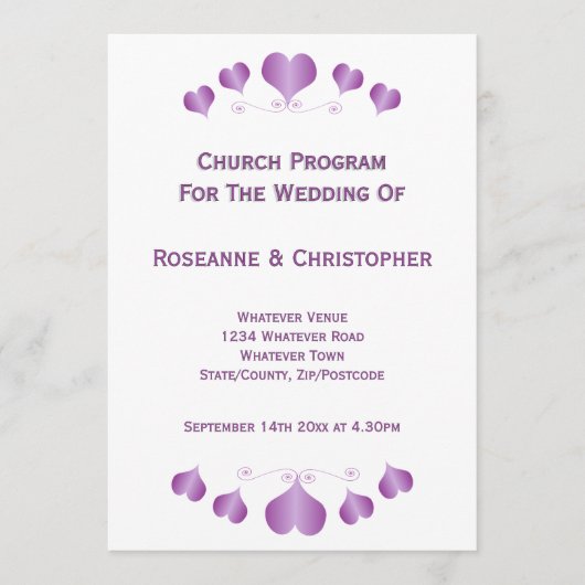 Purple Hearts Design Wedding Programmakaart (Voorkant)