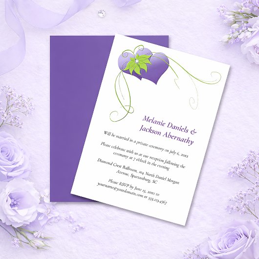 Purple Hearts - Green Floral Swirls Reception Only Kaart
