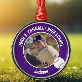 Purple High School Baseball Player Photo Christmas Metalen Ornament
