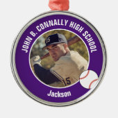 Purple High School Baseball Player Photo Christmas Metalen Ornament (Voorkant)